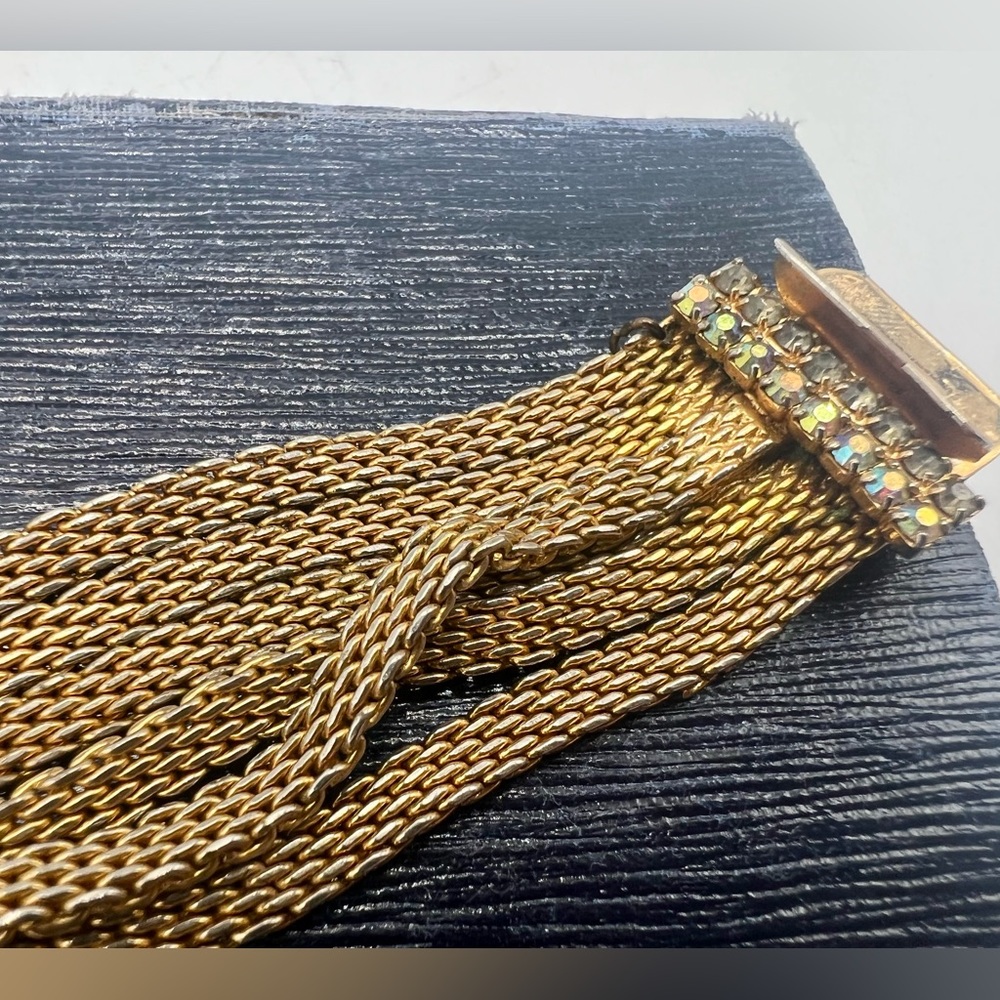 Rare vintage HOBE gold & AB rhinestone costume bracelet 7” multi strand chain - Picture 6 of 14